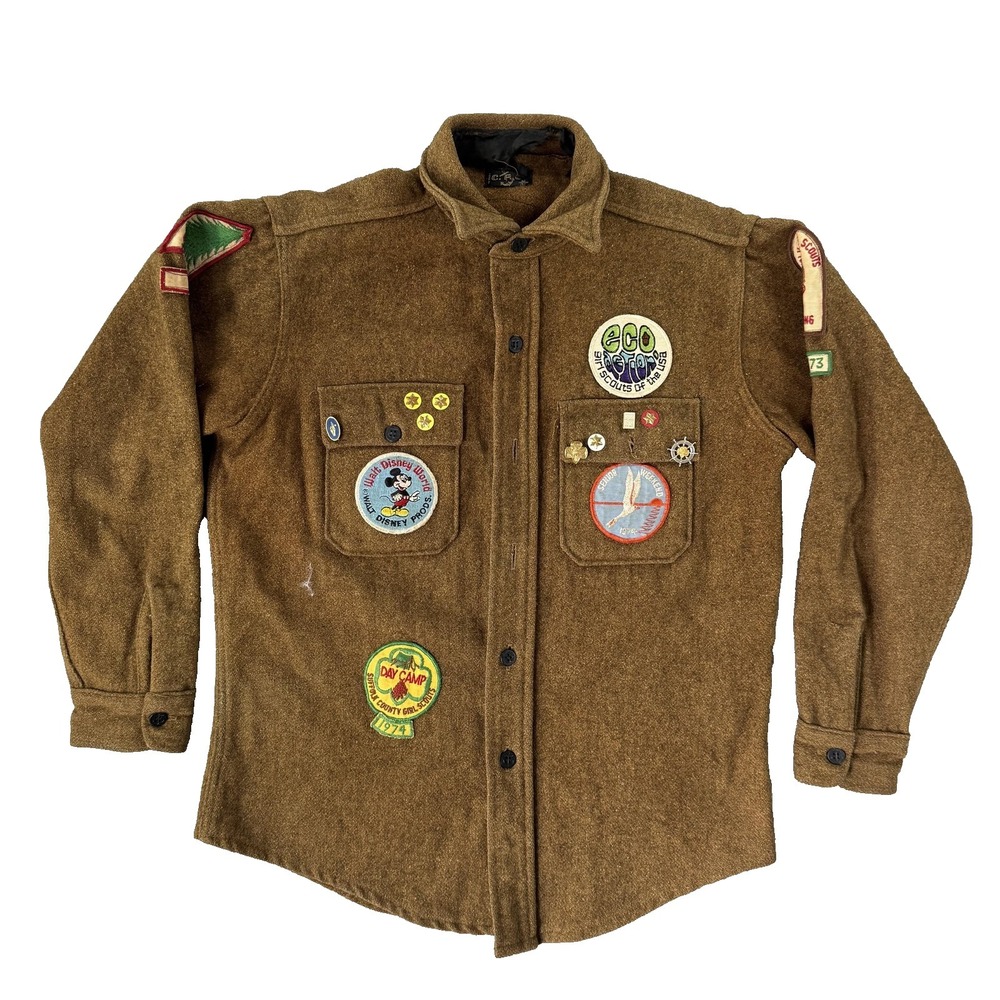 Vintage C.P.O. Jacket Mens Medium Brown Wool Girl Scout Patch Walt Disney Pins